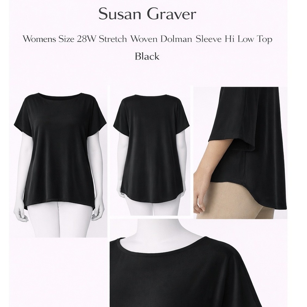 Susan Graver Womens 28W Black Stretch Woven Dolman Sleeve Hi Low Top A263807